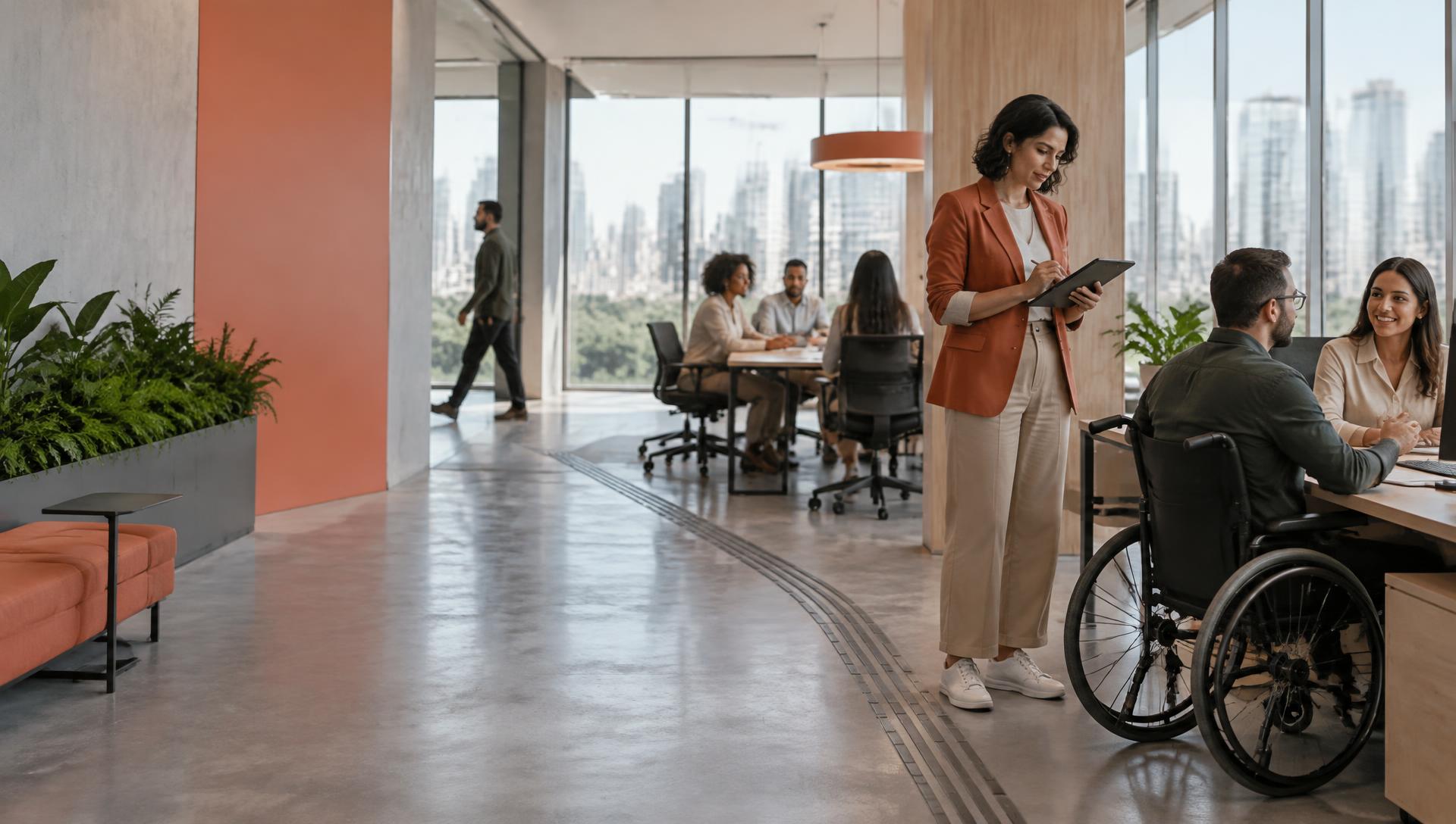 Ambiente corporativo acessível com equipe diversa e consultora realizando uma avaliação